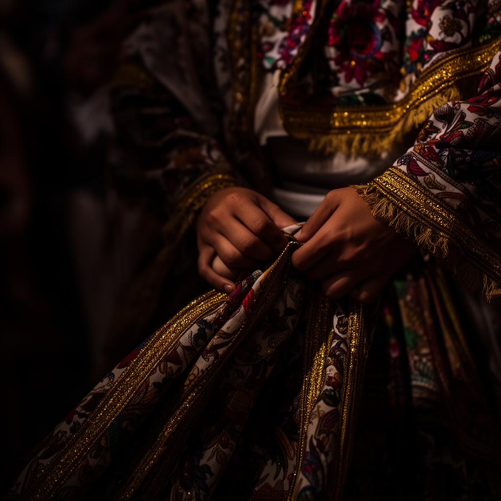 Detalle de bordados dorados en traje típico